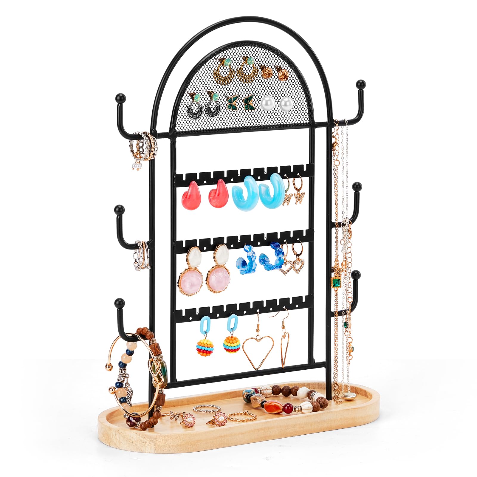 HASTHIP® Desk Jewelry Organzier Stand, Minimalist Metal Jewelry Organizer Holder with Wooden Base Tray, Dresser Jewelry Organizer Holder for Earring, Earstud, Necklace, Bangle, Rings HASTHIP® Desk Jewelry Organzier Stand, Minimalist Metal Jewelry Organizer Holder with Wooden Base Tray, Dresser Jewelry Organizer Holder for Earring, Earstud, Necklace, Bangle, Rings